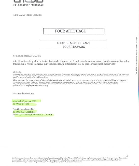 COUPURE DE COURANT POUR TRAVAUX