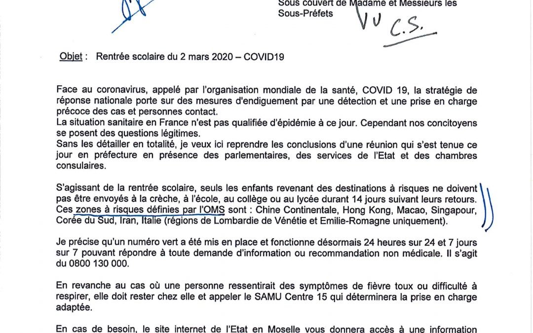 Consignes préfectorales concernant la rentrée scolaire (Covid19)